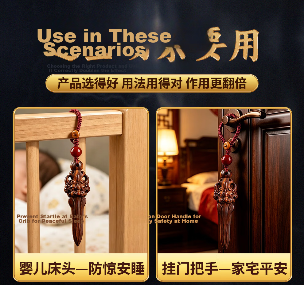 Shan Feng Shan Shui Thunderstrike Peach Wood Sword Baby Anti-Fright Authentic Peach Wood Ya Zi Amulet Baby Protection Charm Pendant 12