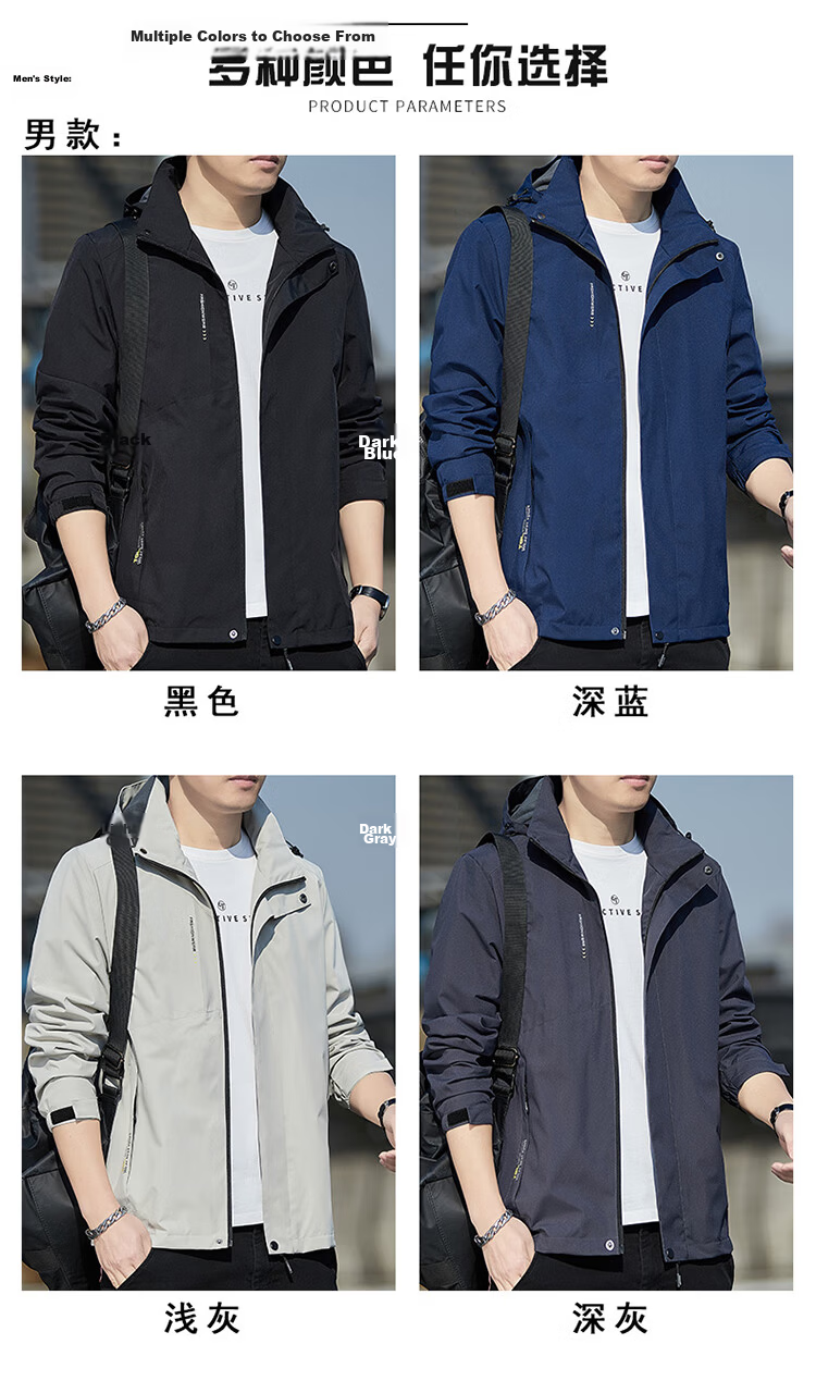 TUCANO Men's Spring Autumn Detachable Hood Windproof Casual Sports Jacket Dark Gray 3XL 7
