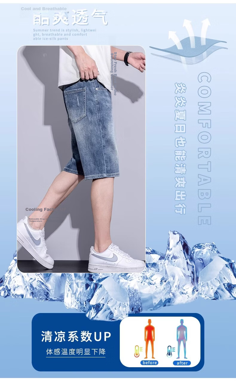 ROMON Summer Lightweight Denim Shorts Men Casual Loose Straight Five-Point Pants Faded Blue Size 30 2