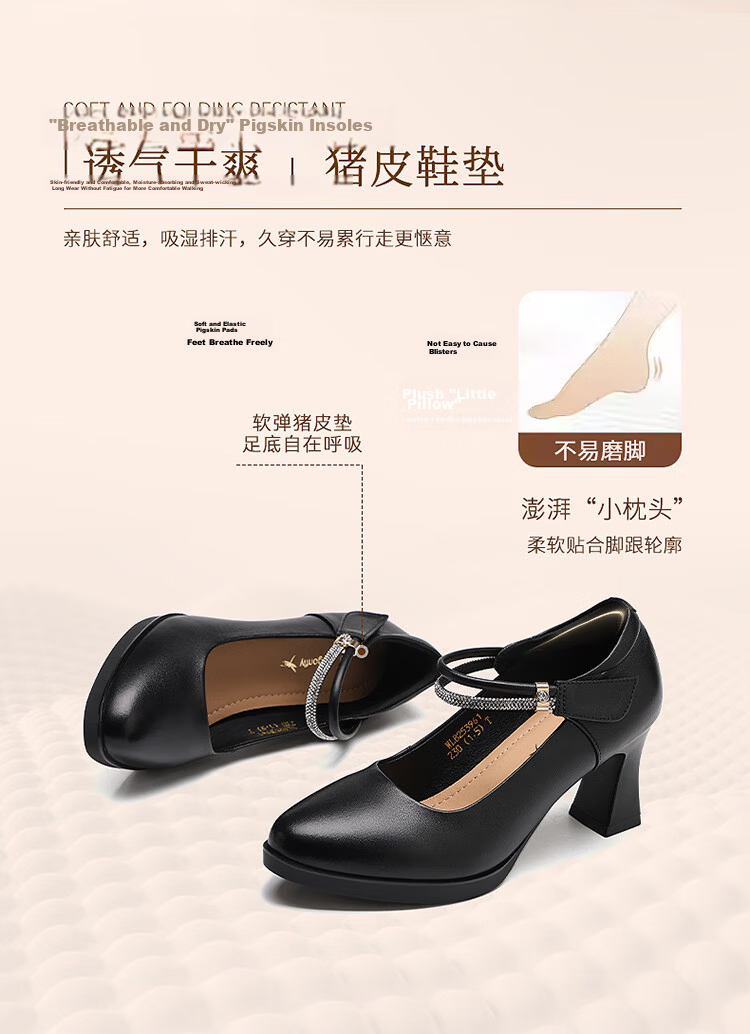 Red Dragonfly Women's Autumn Breathable Mary Jane High Heels Versatile Lightweight Leather Shoes WLB253961 Black Size 36 4