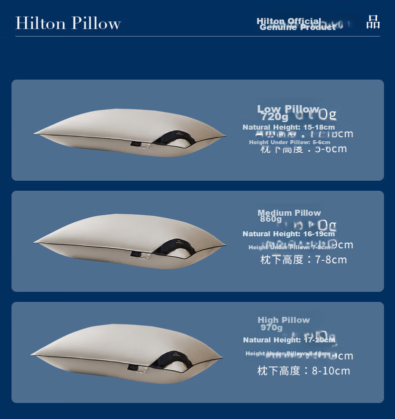 Hilton 95% White Goose Down Pillow Hotel Grade 100-Thread Count Class A Down Pillow Single 48x74cm Low Loft 10