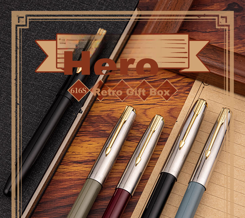 HERO Fountain Pen 616S, Metal Barrel with Hidden Nib, Classic Retro Upgraded Version, Midnight Red, EF Hidden Nib 1