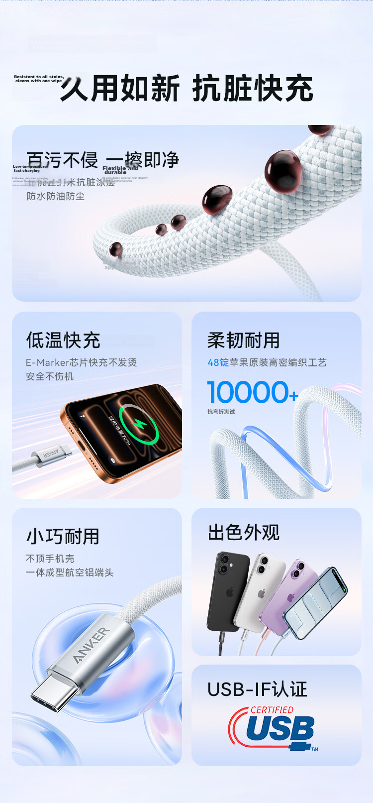 ANKE Nano Anti-Dirt Braided 140W Apple Data Cable, Dual-Head Type-C Charging Cable, Suitable for IPhone18ProMax/17/16 Phones/Huawei/Computers, 1 Meter Pink 5