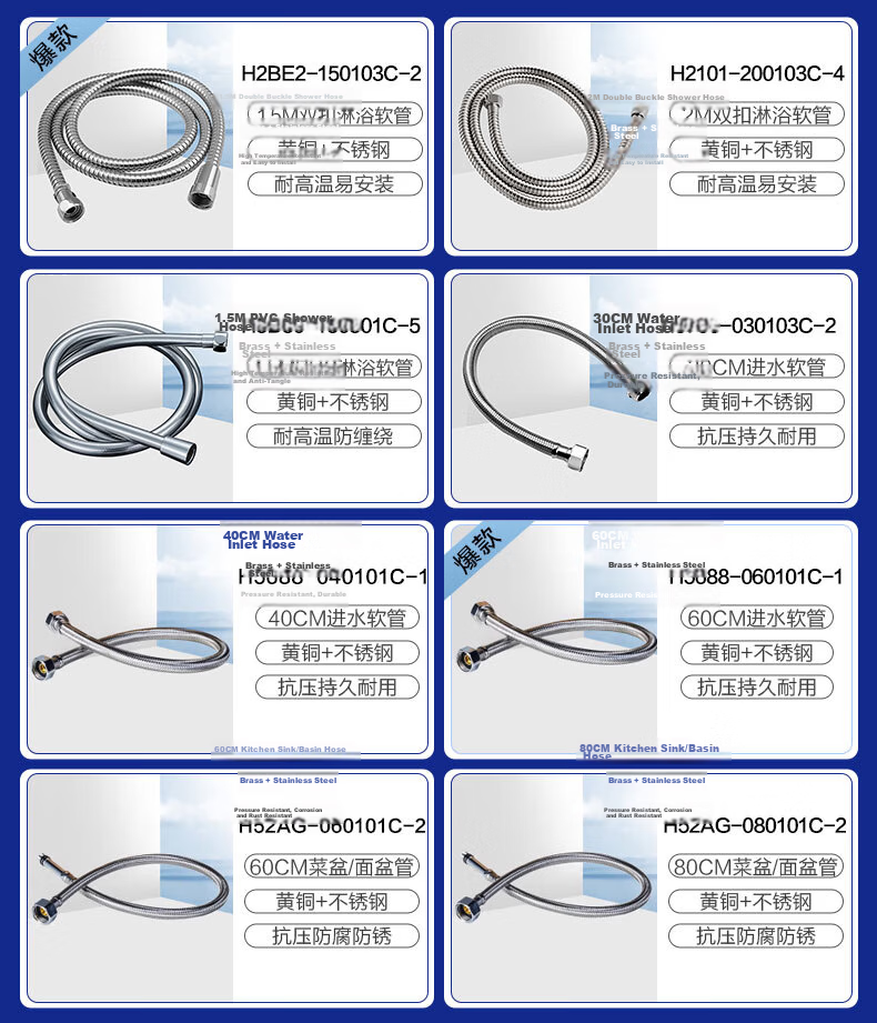 JOMOO Stainless Steel Metal Braided Flexible Hose, Hot And Cold Water Inlet Hose, Toilet And Water Heater Hose H5688, 80CM 1