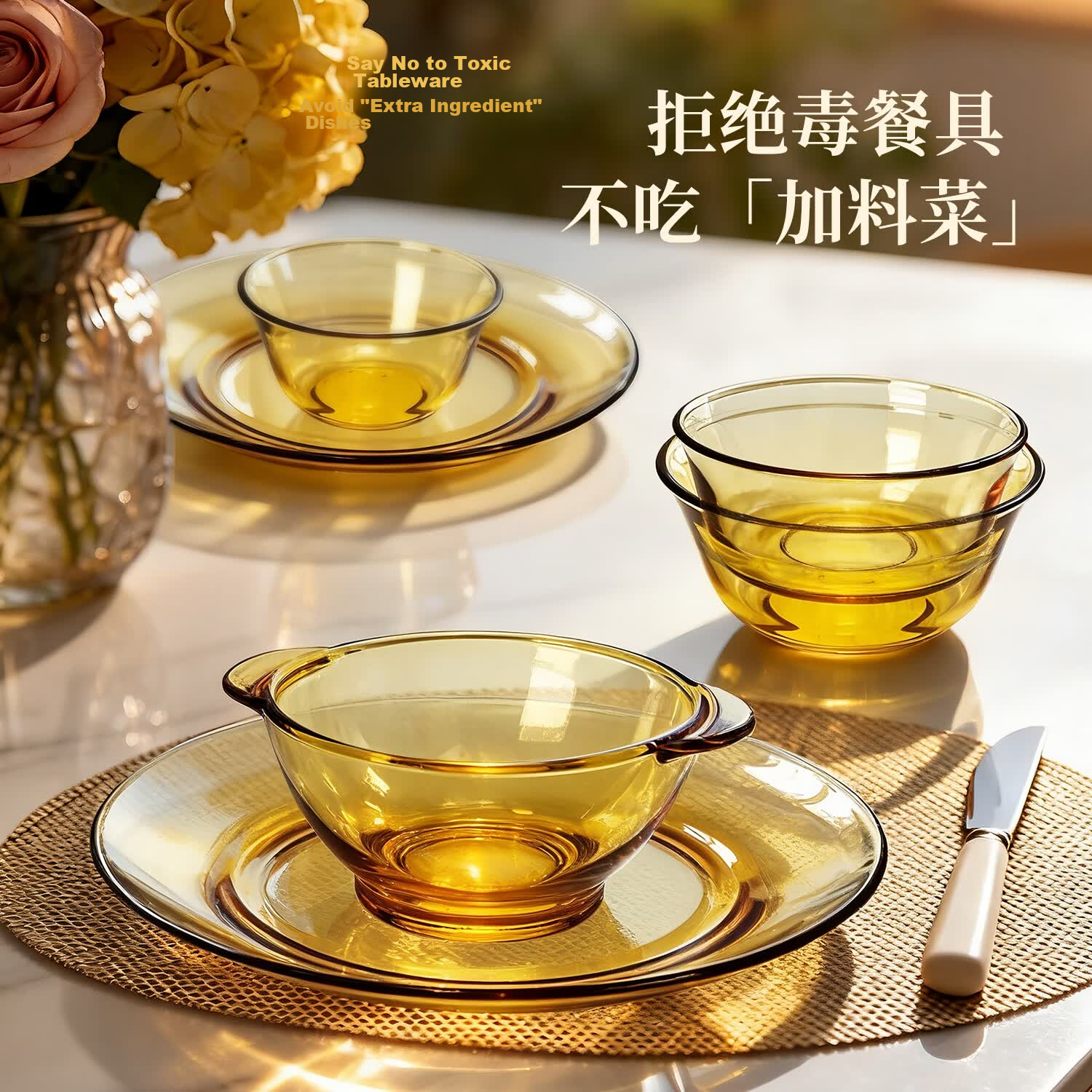 Green Apple Heat-Resistant Crystal Clear Tempered Glass Tableware Set High Borosilicate Microwave-Safe Glass Bowls 2-Piece Set