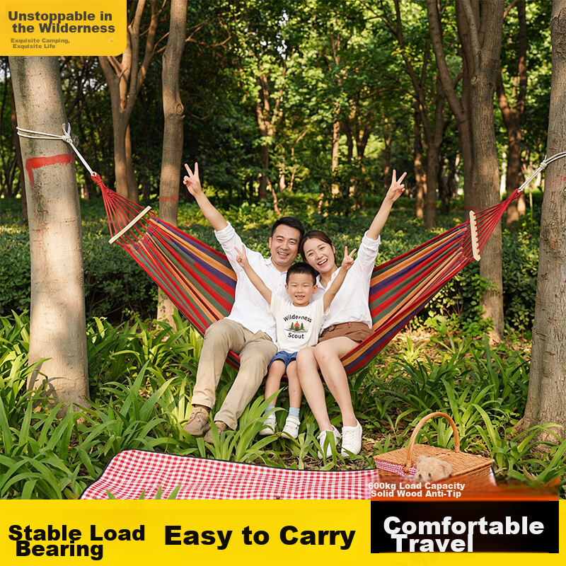 Beyond Wilderness Outdoor Hanging Hammock Double Canvas Curved Wood Anti-Tip Swing Adult Green Wild Twin 2