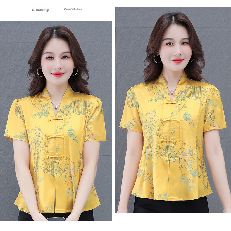 Woodpecker New Chinese Style Short Sleeve T-Shirt for Women Summer New Middle-aged and Elderly Mom Elegant National Style Slim Top Off-White L 12