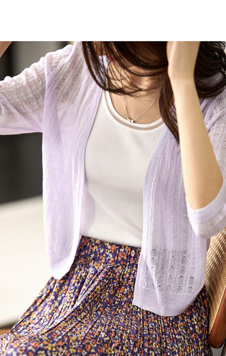 Sentubila Summer Thin Knit Cardigan for Women, V-Neck Three-Quarter Sleeve Outer Layer Air Conditioning Sweater, White, One Size Fits All 14