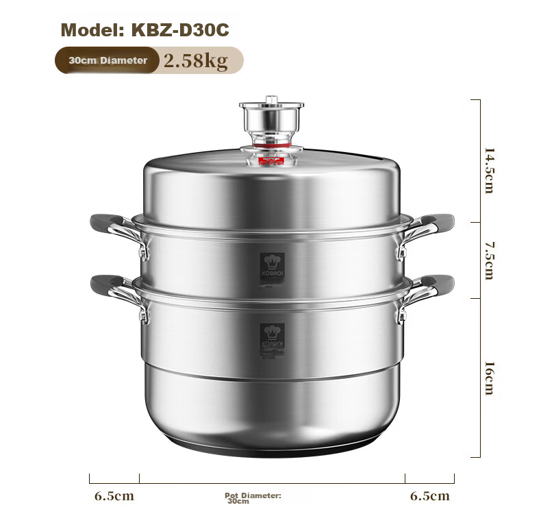 KBH 304 Stainless Steel Three-Layer Steamer Pot with Composite Bottom, Multi-Functional Anti-Scalding Cookware, 30cm, Compatible with Gas Stoves 21