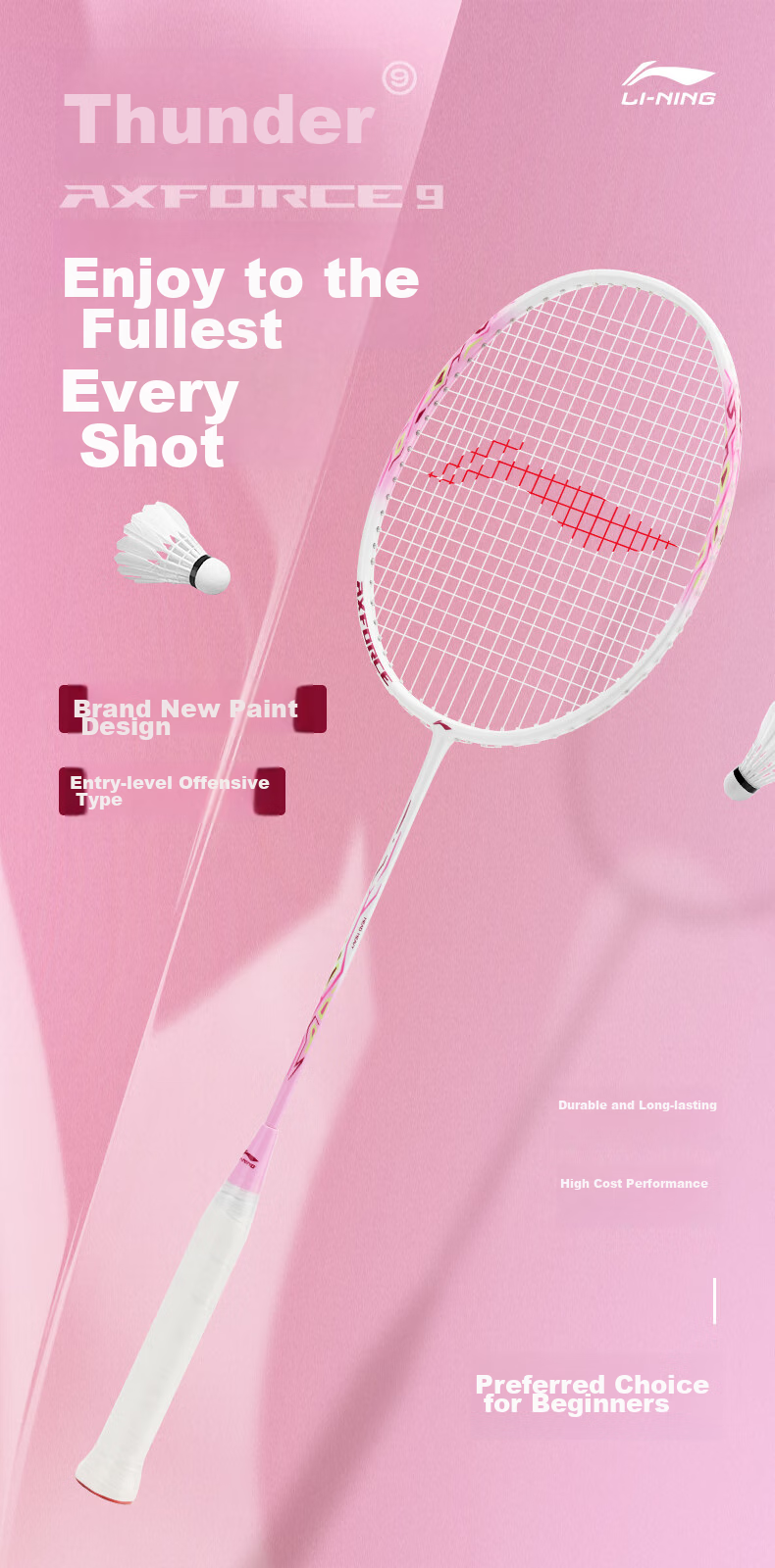 Li-Ning Badminton Racket Single Racket Thunder Carbon Composite Durable Racket for Youth And Adults, White Light Blue Pre-Strung 1