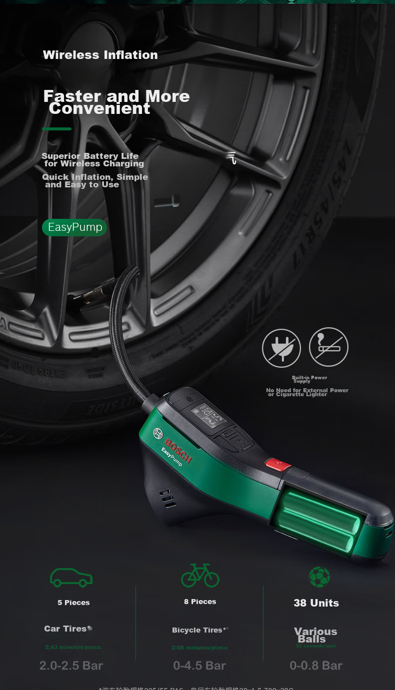 BOSCH Car Air Pump Inflator for Sedans And Cars, High-Power Single-Cylinder Portable Cycling Pump 7