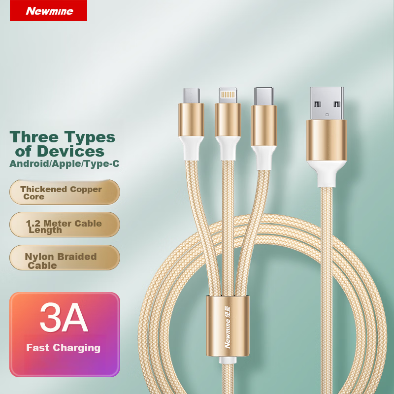 Newmine Apple/Type-C/Android USB-C 3-in-1 Data Charging Cable for iPhone 17/16/14 Xiaomi Huawei Phones Tablets Gold