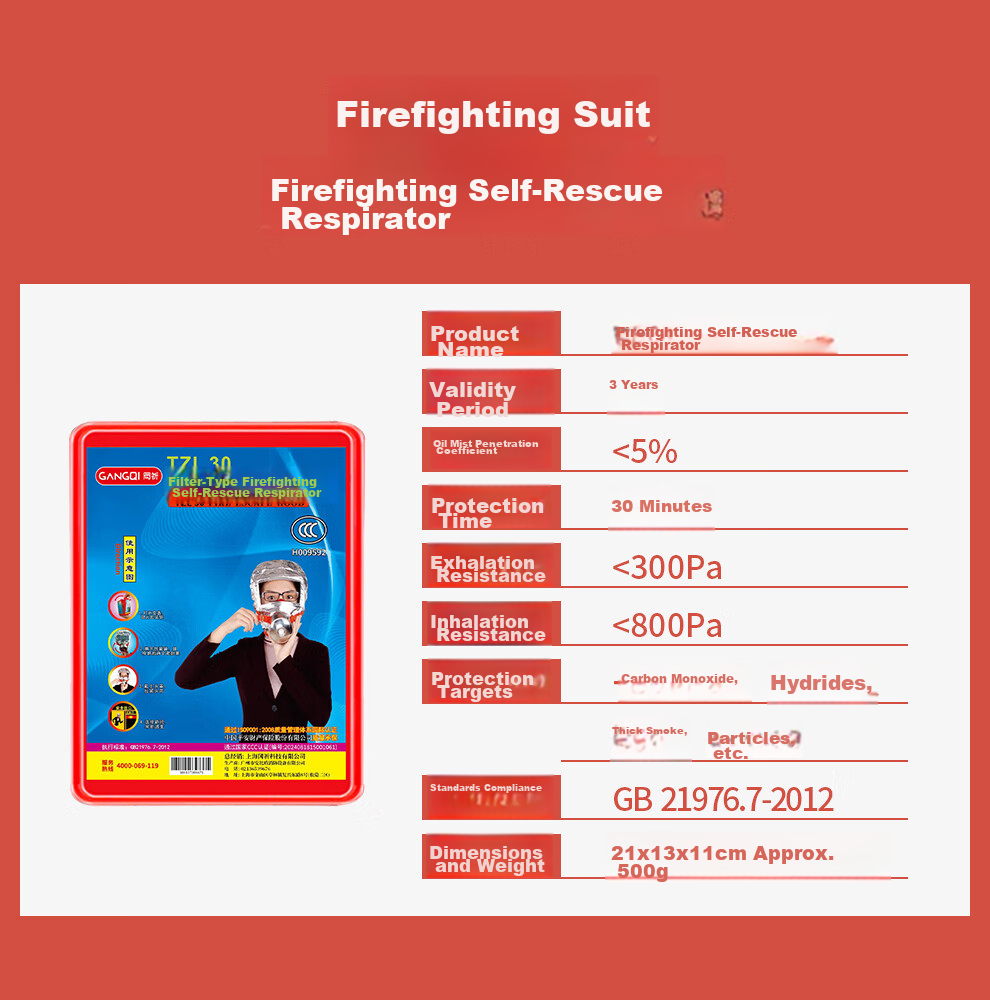 GANGQI Fire Mask Gas Mask Smoke Fireproof Protective Mask Hotel Use Firefighter Mask 3C Certified Filtered Fire Emergency Escape Self-Rescue Respirator Emergency Kit 6