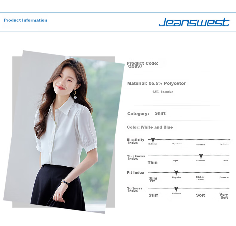 Jeanswest Women's Shirt 2026 Summer Short Sleeve Elegant Versatile Fashion V-Neck Solid Color Top Blue XL 7