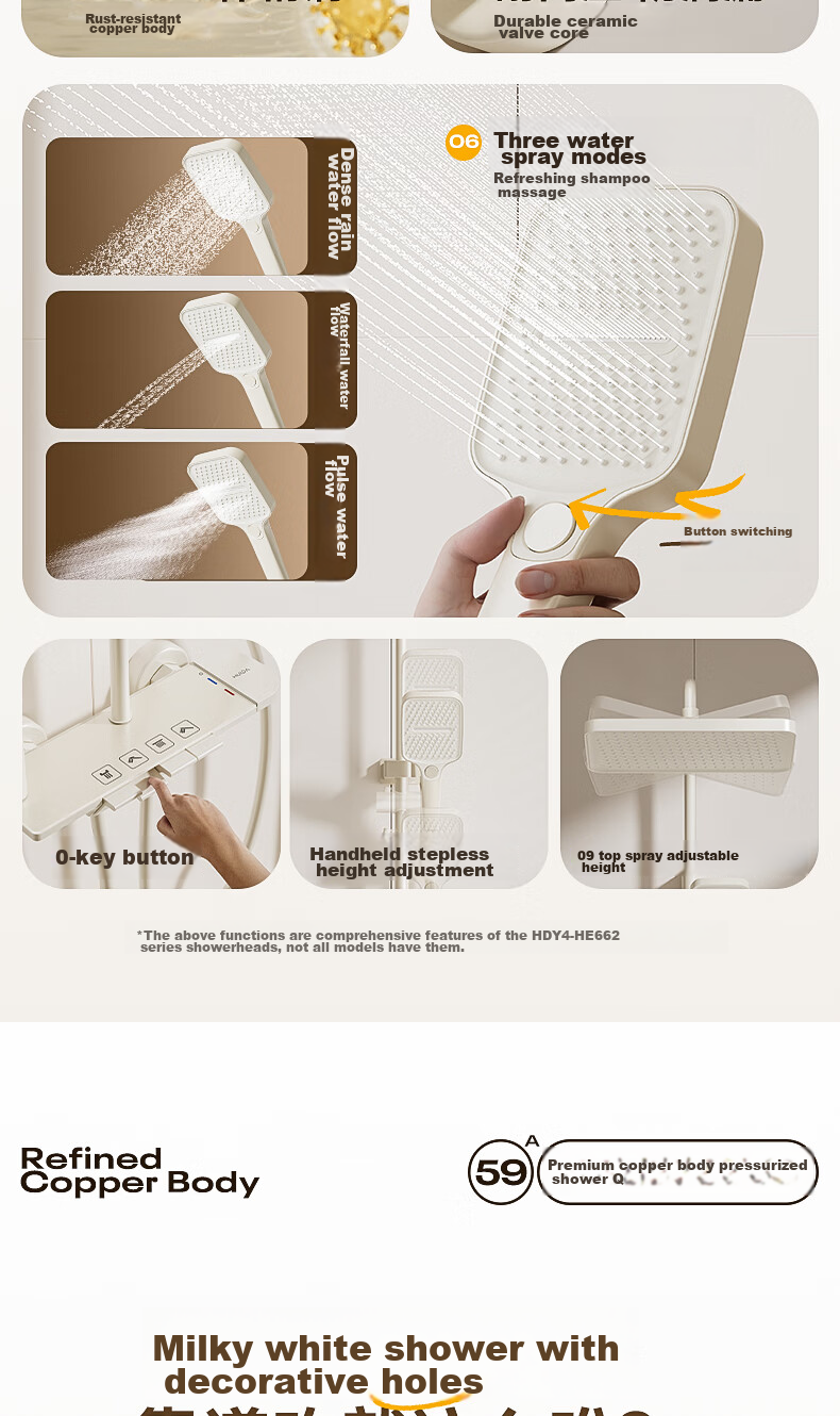 HUIDA HE662 Complete Shower Set Bathroom Shower Faucet High-Pressure Brass Shower Head Home Use Milk White 5
