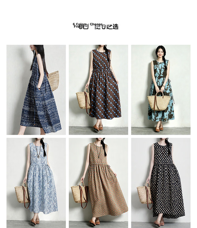 Demana [Artistic Forest Girl] Summer Ethnic Style Printed Round Neck Sleeveless Drawstring Slim Fit Dress for Women Premium Quality 6