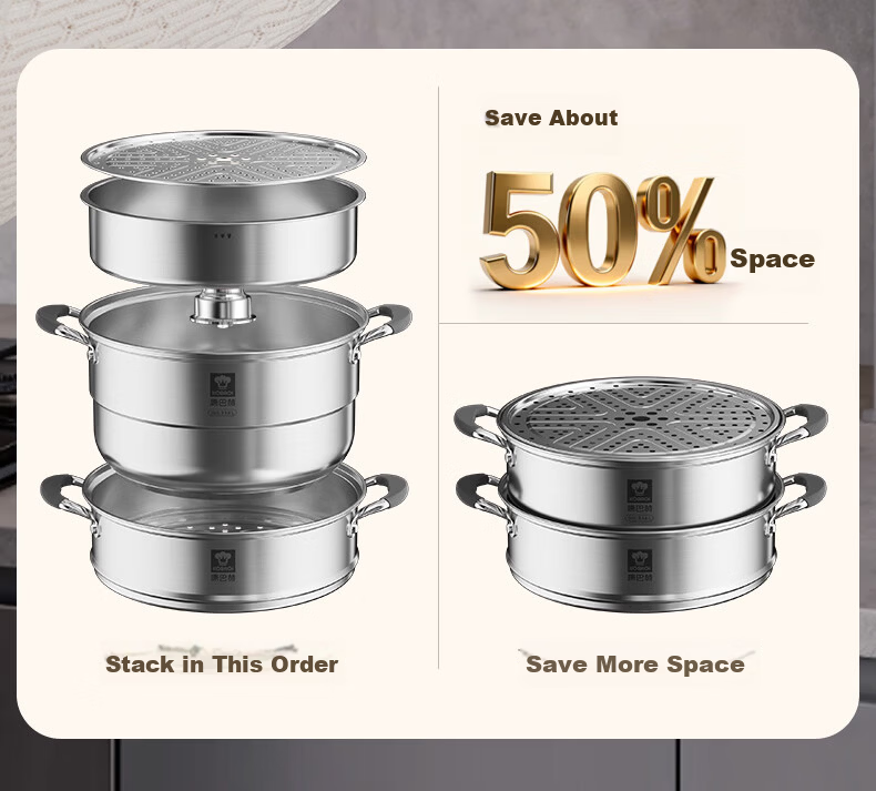 KBH 304 Stainless Steel Three-Layer Steamer Pot with Composite Bottom, Multi-Functional Anti-Scalding Cookware, 30cm, Compatible with Gas Stoves 17