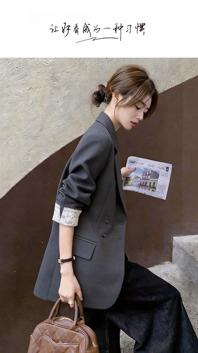 Demana [Sharp Aura] Spring Urban Commuter Style Lace Splice Double-Breasted Loose Slimming Coat for Women Premium Feel 1