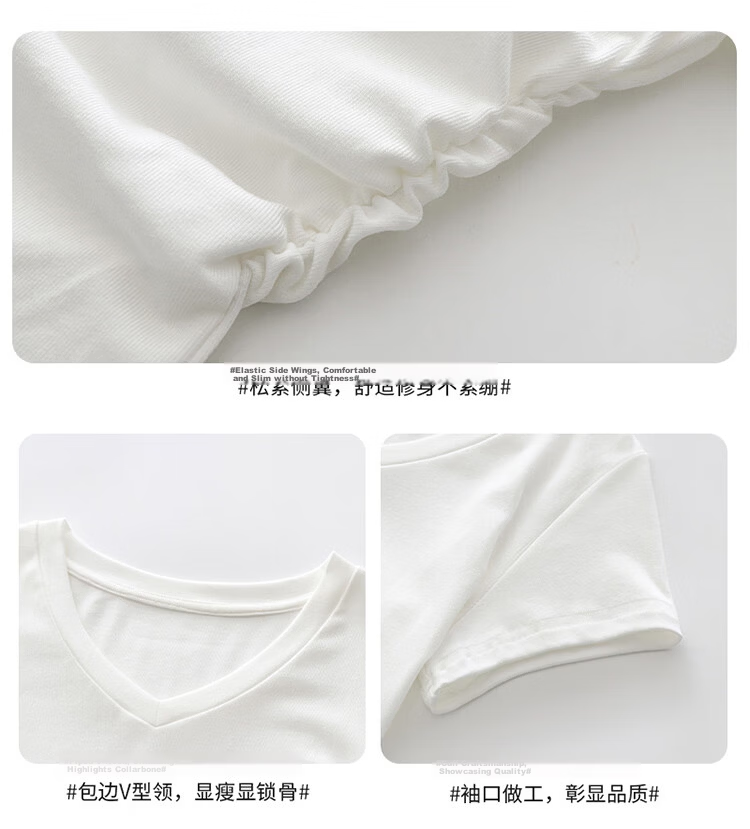 Shuangxing Women's V-Neck Short Sleeve T-Shirt Spring Summer New Design Pleated Waist Slim Fit Cropped Top Navy Blue S 4