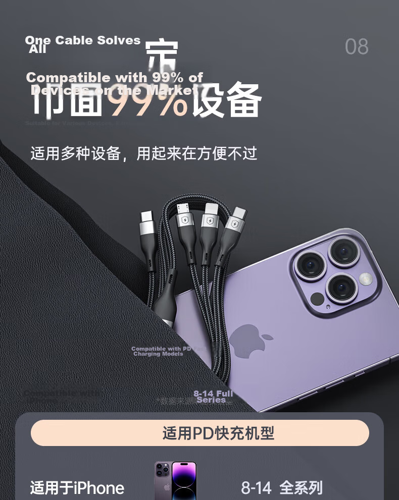 3-in-1 Fast Charging Cable Type-C to Apple Huawei Oppo Xiaomi Vivo Android Phones 1m Black 16