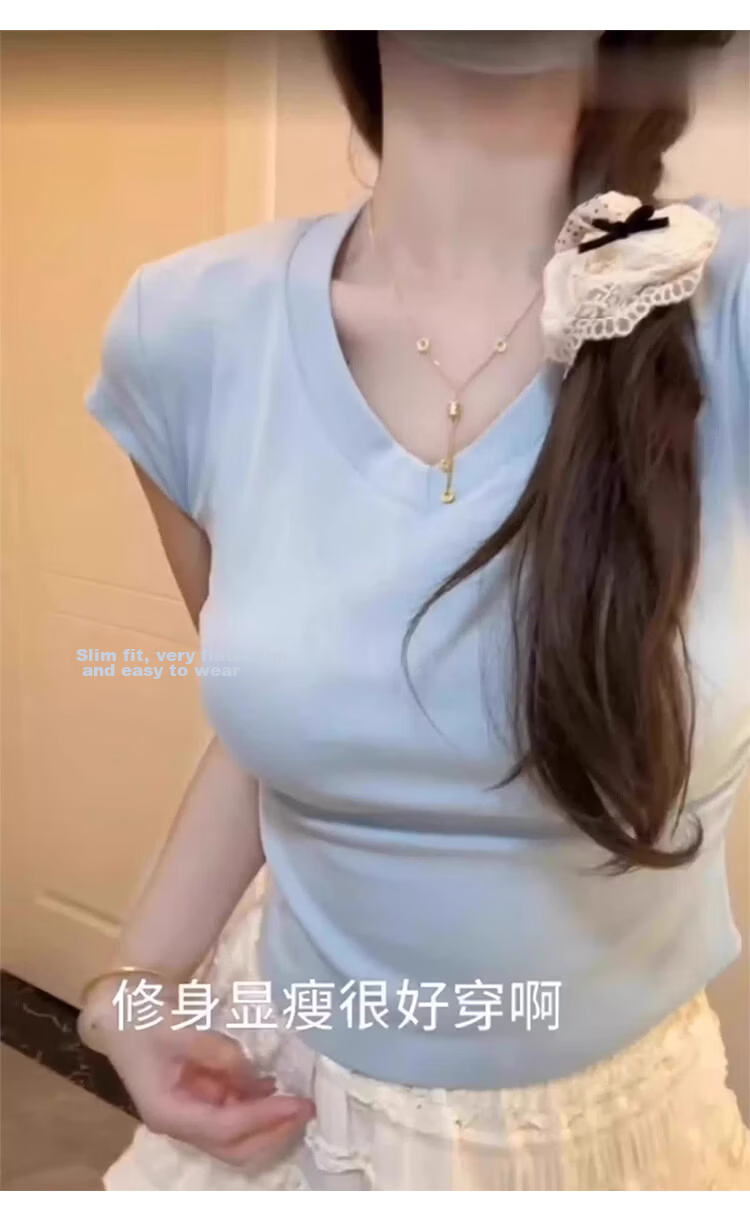 Shuangxing Women's V-Neck Short Sleeve T-Shirt Spring Summer New Design Pleated Waist Slim Fit Cropped Top Navy Blue S 8