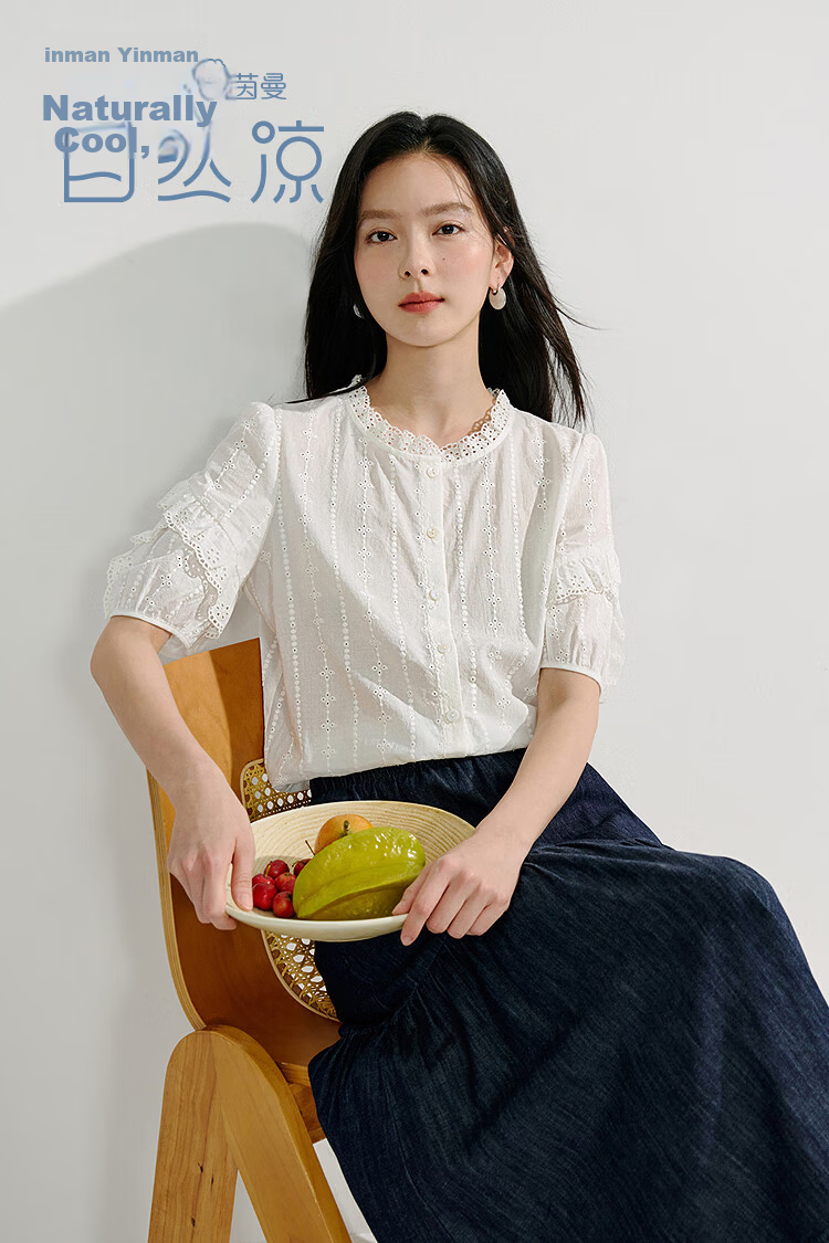 Inman Lotus Leaf Collar Hollow Embroidered Pure Cotton Shirt 2025 Summer Women's Vacation Style Puff Sleeve Blouse Pearl White M 2
