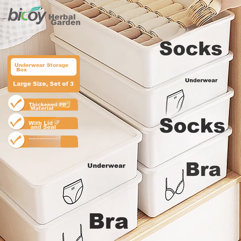 Baicaoyuan Underwear Storage Box Set - 3-Piece Multifunctional Organizer for Bras, Underwear, and Socks, White
