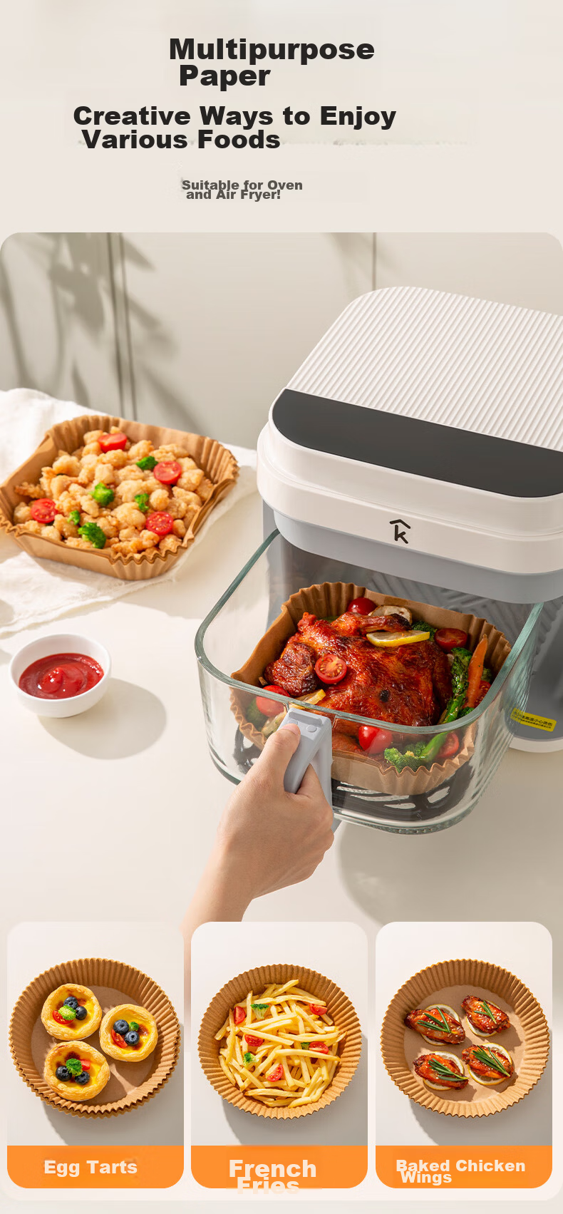 Suncha Air Fryer Special Paper Baking Tray Oven High Temperature Resistant Oil Absorption Food Grade Thickened Silicone Paper Round 100 Pieces 6