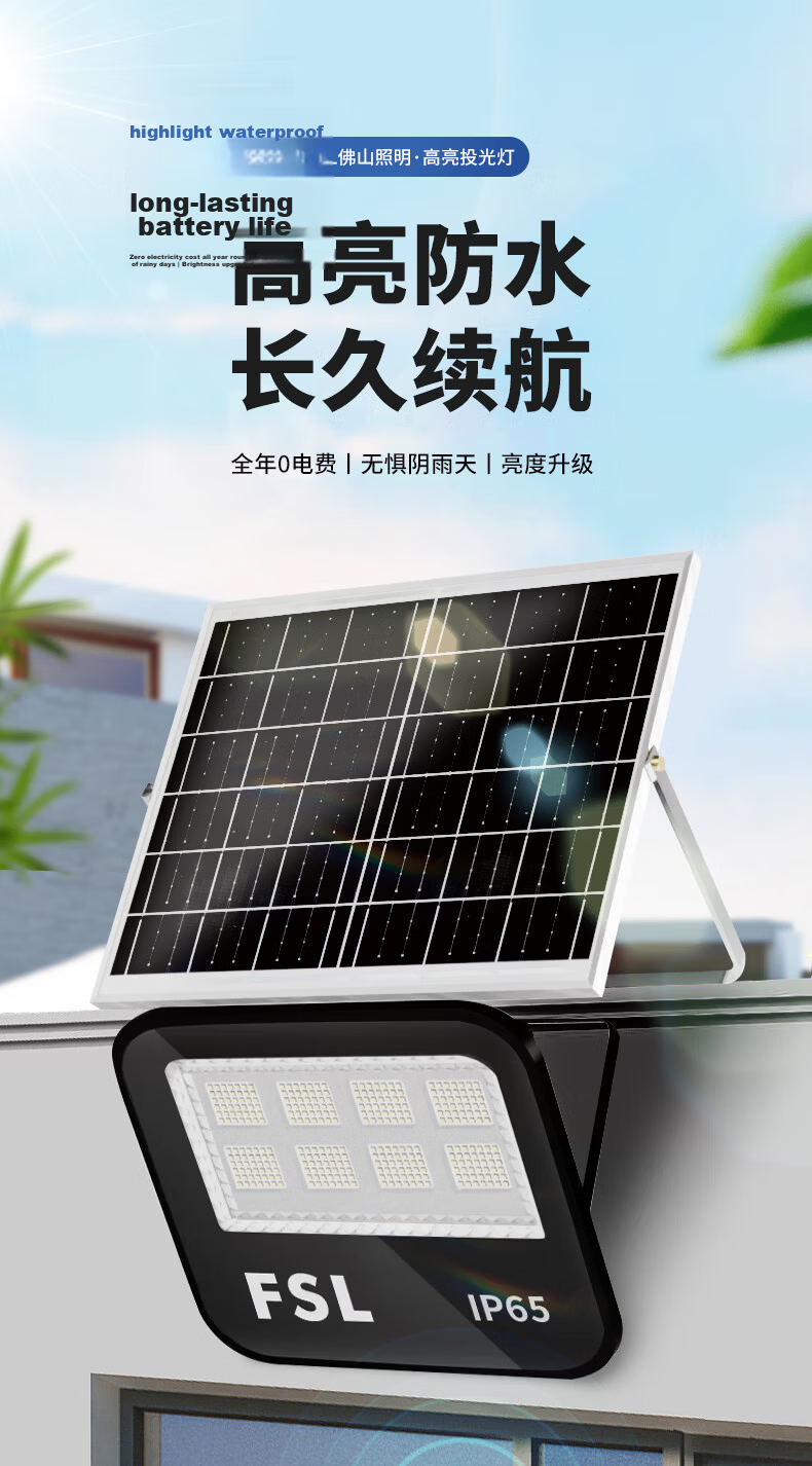 FSL Foshan Lighting Solar Outdoor Street Light New Rural IP65 Waterproof Super Bright Floodlight 1080lm with 2.2m Charging Cable and Remote Light Control 2