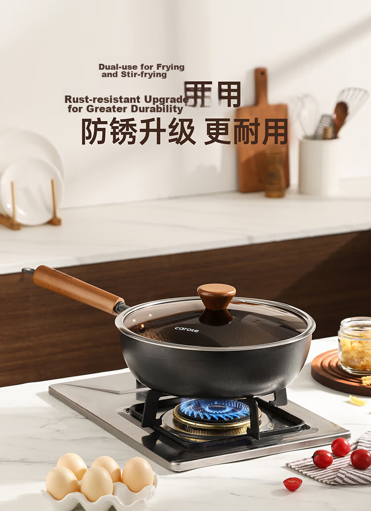 Carote Hammered Iron Wok Non-Coated Flat Bottom Stir-Fry Pan for Gas and Induction Cooktops 1