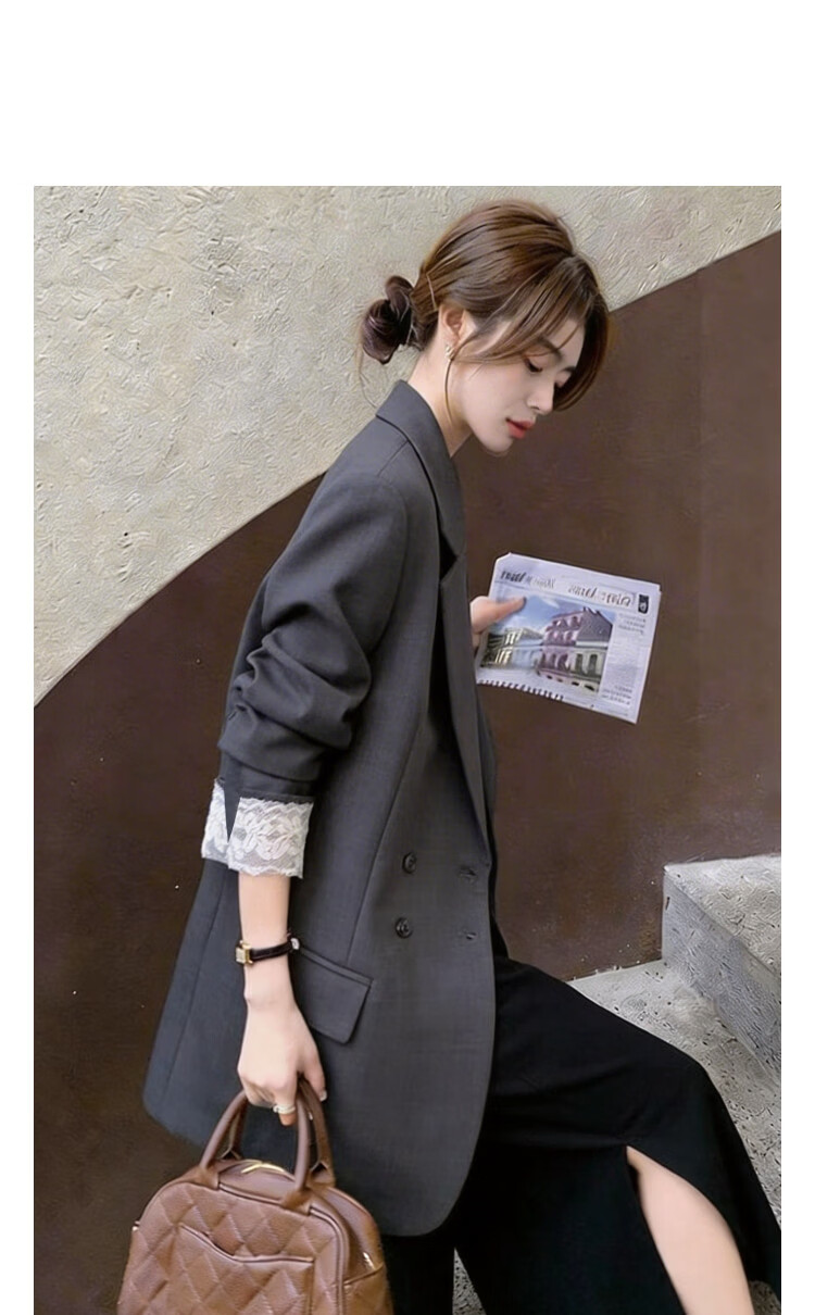 Demana [Sharp Aura] Spring Urban Commuter Style Lace Splice Double-Breasted Loose Slimming Coat for Women Premium Feel 10