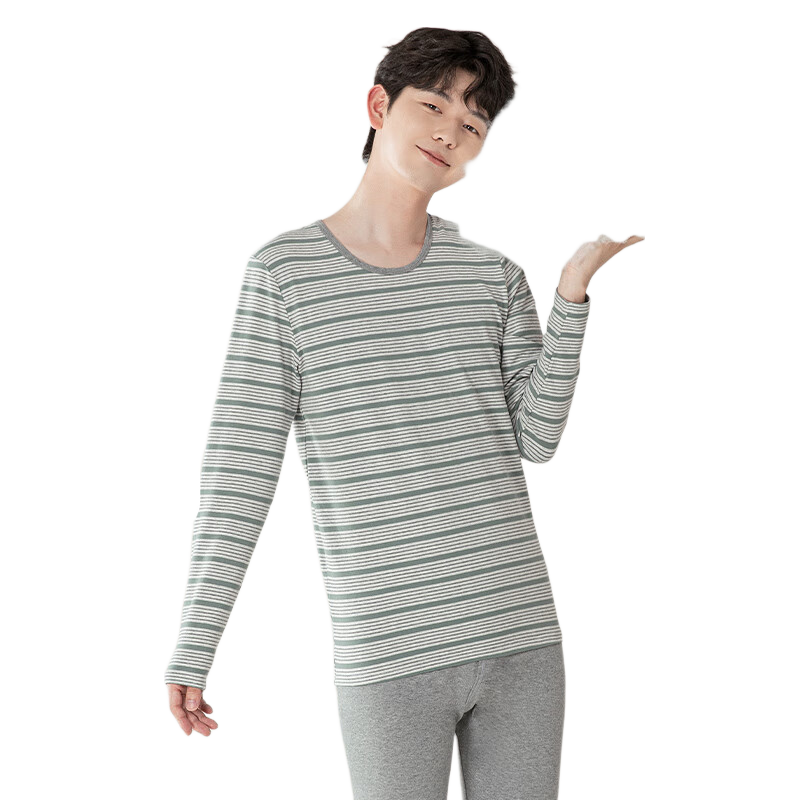 YING BO LUN Youth Children's Thermal Underwear Autumn Clothing Set, Pure Cotton School Uniform Essential, Cotton Sweater, 81161 Gray-Green Striped, Size 170
