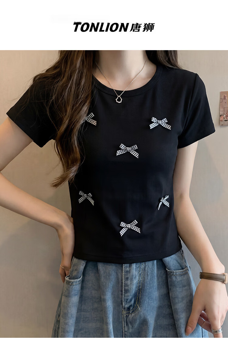 TonLion 2026 Summer New Short Sleeve T-Shirt for Women Black Bow Design Casual Early Spring Youthful Style 1