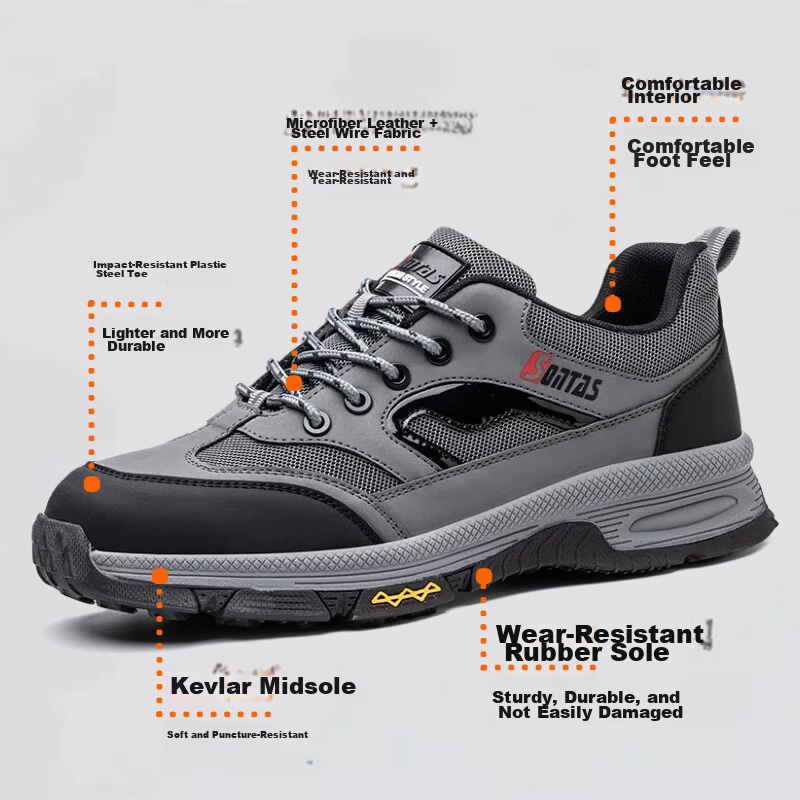 SONTAS Men's Summer Breathable Safety Shoes Anti-Smash Anti-Puncture Steel Toe Lightweight Soft Work Insulated Comfortable Water-Repellent Gray Full Leather - Anti-Smash Anti-Puncture Size 41 1