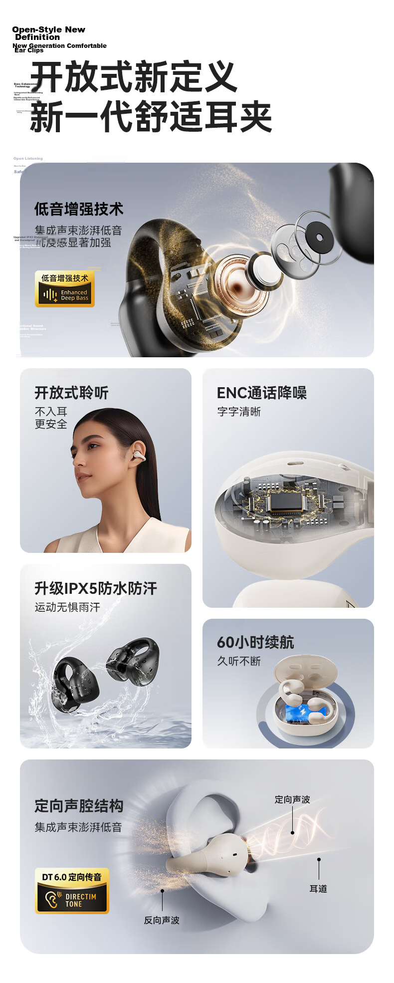 Lanshidun Bluetooth Headphones, Bone Conduction Concept Wireless Earphones, Open-Ear Clip-On Headphones Not In-Ear, for Sports Running Cycling Gaming Calls Noise Reduction, Suitable for Apple, Black 2