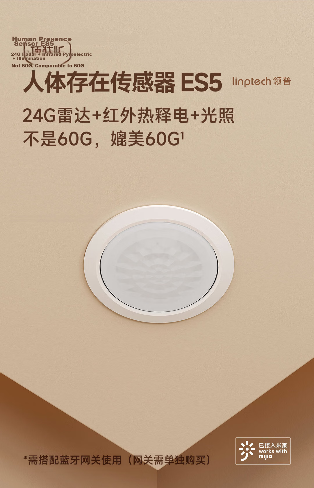 Linptech ES1 Smart Human Body Sensor with Intelligent Detection, Integrated with Mijia APP, Side-Mounted Lite Versio 1