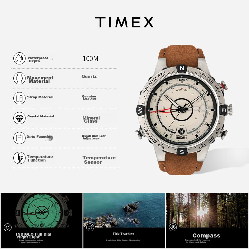 Timex Navigator Quartz Sports Outdoor Multifunction Men's Leather Strap Watch T2N721 Valentine's Day Gift 1