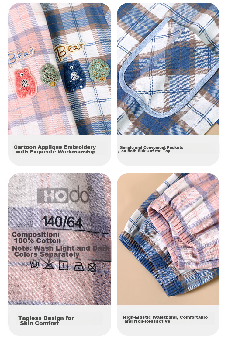 Hodohome Boys' Cotton Brushed Plaid Pajama Set, Cardigan Long Sleeve Top and Pants, Size 140 8
