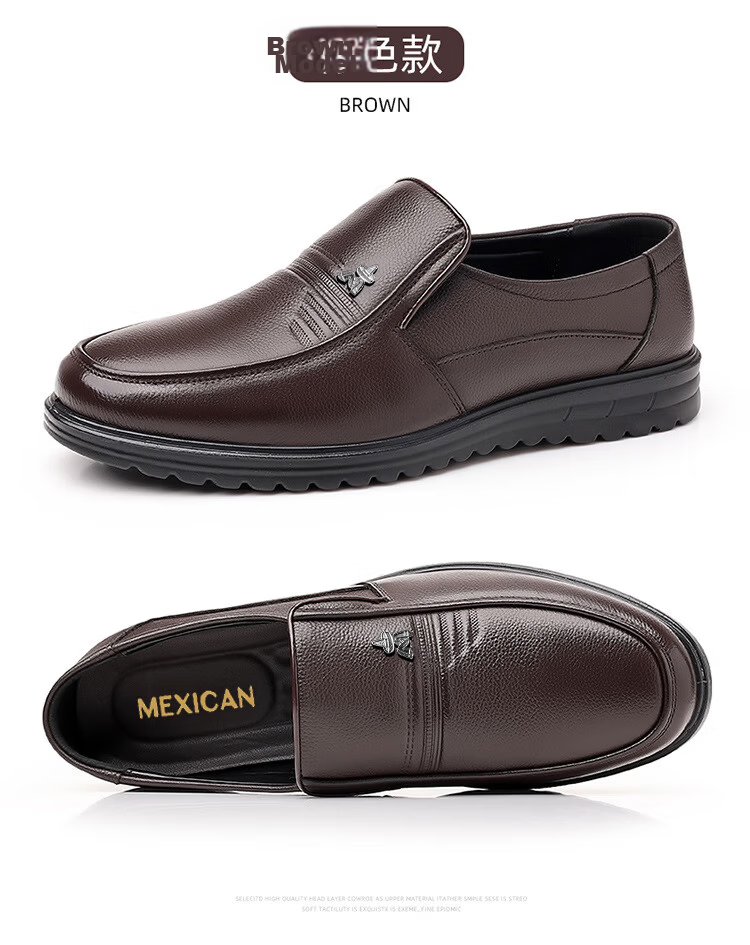 MEXICAN Autumn Winter Business Casual Men's First Layer Cowhide Dress Shoes Slip-On Loafers Black Size 37 23