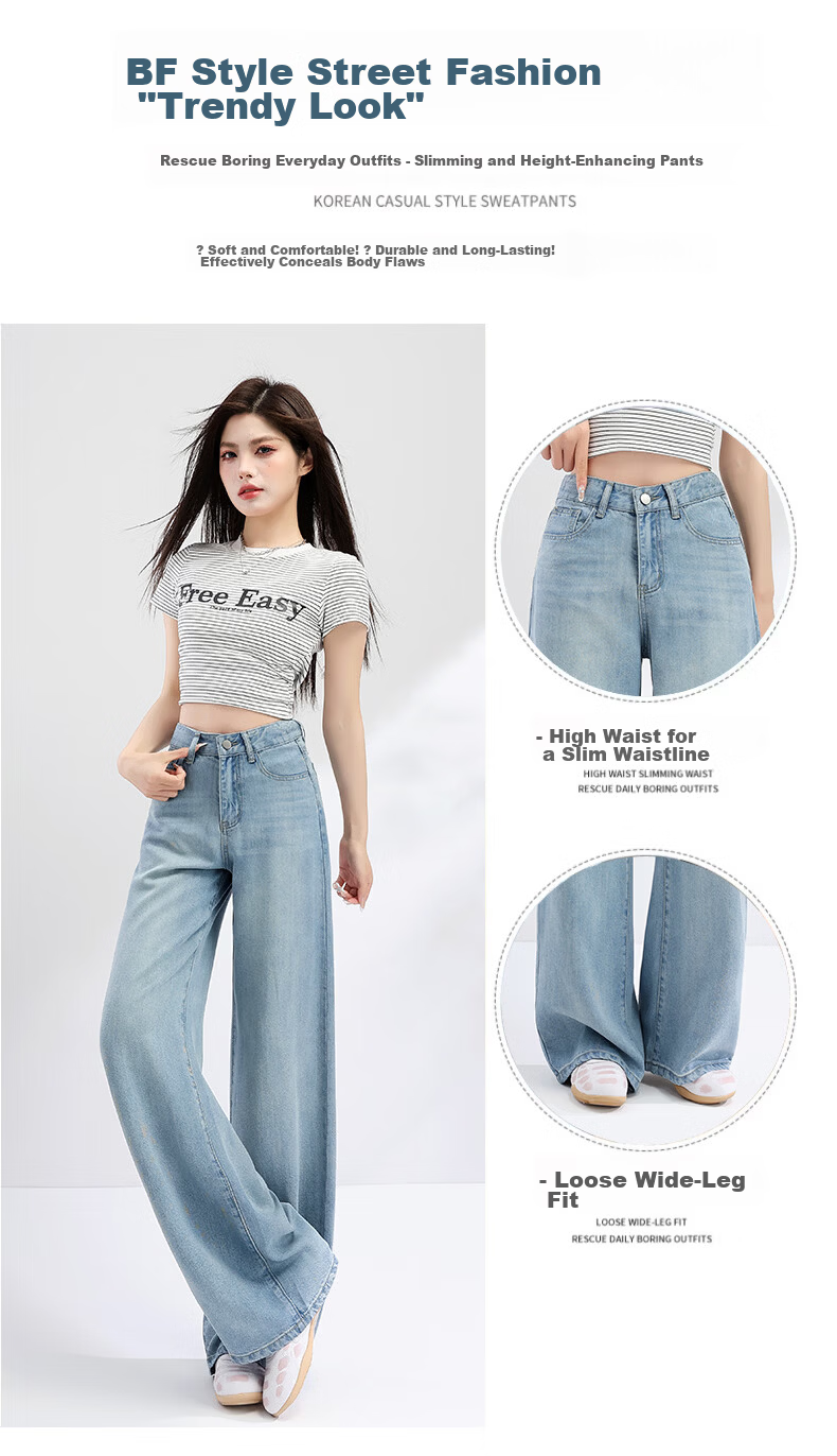 Jeanswest Women's Summer Soft Tencel High-Waist Draped Lyocell Wide-Leg Straight Pants Light Blue Tencel Lyocell L 3