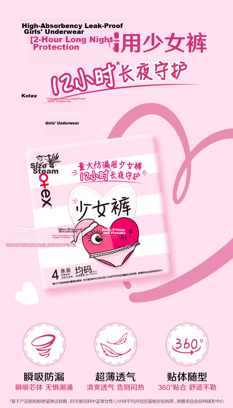 Kotex Teen Night Pants One Size 4pcs Night Use Sanitary Napkin Sleep Pants Summer Ultra-thin Breathable 8