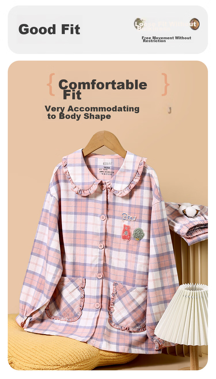 Hodohome Boys' Cotton Brushed Plaid Pajama Set, Cardigan Long Sleeve Top and Pants, Size 140 6