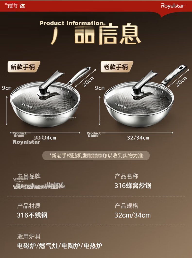 Royalstar Titanium Non-Stick Wok 304 Stainless Steel Household Frying Pan Flat Bottom Skillet Compatible with Induction Cooker and Gas Stove 16