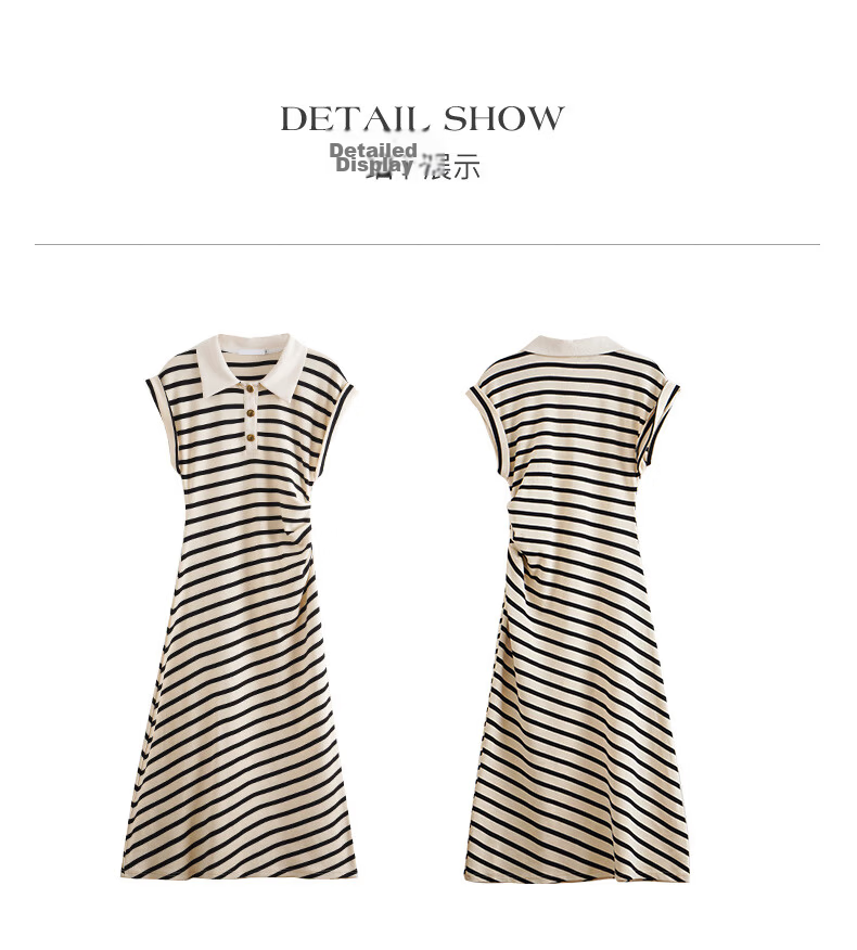 Olrain Slim Fit Striped Dress Summer Women's POLO Collar Knit Dress Striped L 28