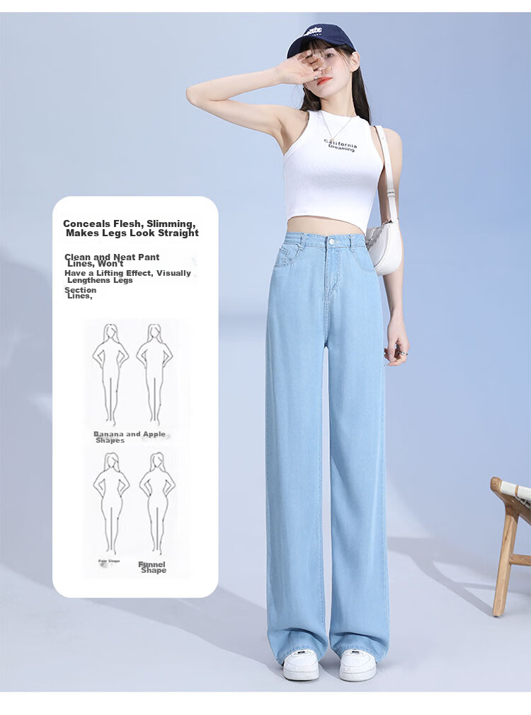 Jeanswest Women's Summer Lightweight Draped Lyocell Tencel Ice Silk Straight Wide-Leg Jeans Deep Vintage 2XL 8