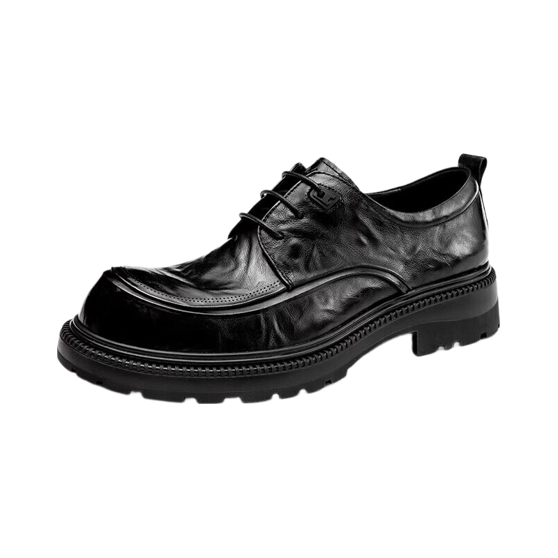 Aokang Men's Business Formal Leather Shoes Cowhide Wrinkled Youth Thick Sole Derby Shoes Black Size 41