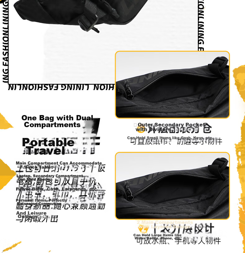LI-NING Crossbody Bag Unisex Travel Shoulder Waist Bag Sports Cycling Running Fitness Large Capacity Canvas Bag for Phone 19