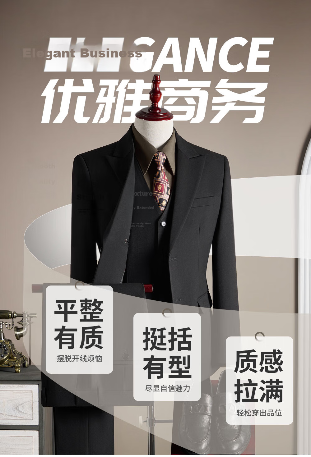 ROMON Men's Formal Suit Set Wool Blazer Vest and Trousers Black 2XL 2
