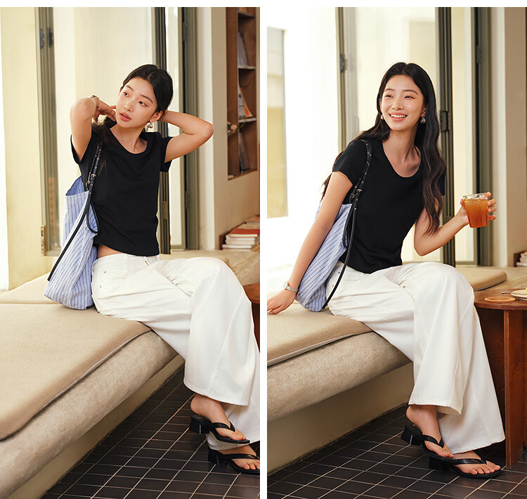 Semir Chen Duling Women's Short Sleeve T-Shirt Summer 2026 Crop Top Round Neck Slim Fit V-Neck Inner Wear 109326100003 44