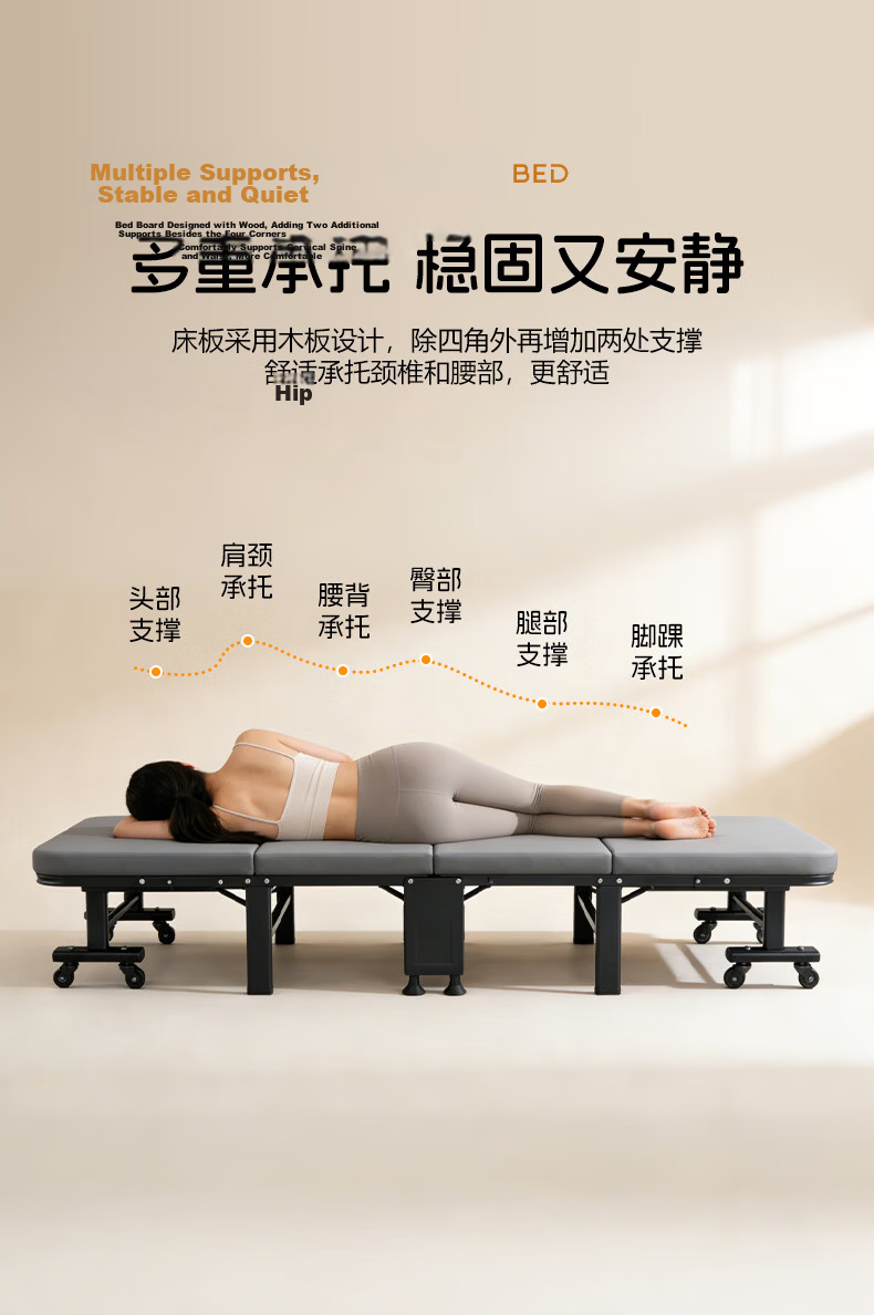 Jingju Folding Single Nap Bed Office Sleep Bed Four-Fold Portable Storage Home Rental Care Bed 1